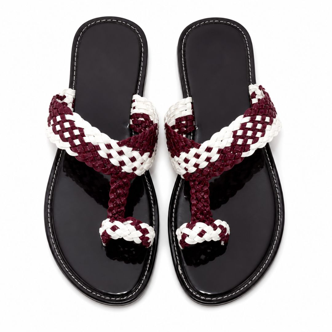 Womens Woven Two Tone Toe Ring Flat Sandals
